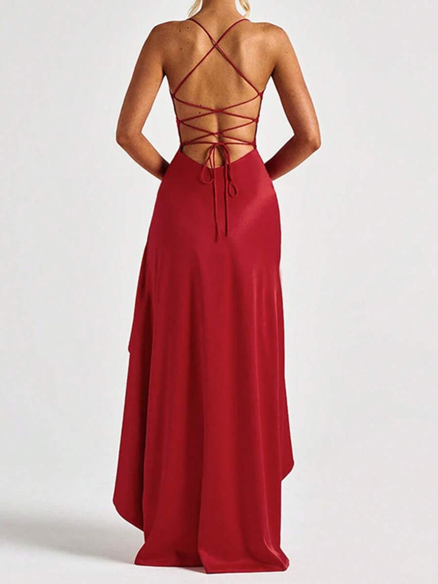 XINMEI Summer Red Dress, Party Backless Criss-Cross Asymmetrical Ruffle Collar Tie-Back Backless Dress, Suitable For Dates, Parties, Festivals, Beaches, Vacations, Weddings And Other Occasions - Red - View 1