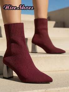 Bottes à talon épais à bout pointu pour femmes 2025, bottes slim élastiques, convenant au printemps, à l'automne, à l'hiver et à toutes les saisons, bottes à talons hauts, type, bottes chaudes noires, bottes à talon épais mi-mollet à talons hauts, chaussures à talons hauts confortables et à bout pointu, bottes élégantes casual, bottes noires, bottes rouges, bottes marron, bottes café, bottes kaki, bottes marron - Rouge foncé - Voir 8