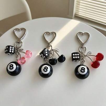 1pc Pink/Red/Black Lucky Dice Cherry Keychain, Charm 8 Ball Design Alloy Heart Keyring, Durable And Fashionable Key Chain Accessory, Aesthetic Decoration Keychain Suitable For Women And Men