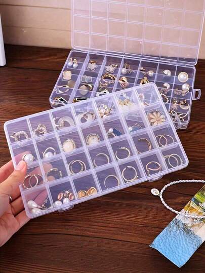 1pc 28-Slot Transparent Jewelry Box, 10-Slot Jewelry Organizer, Multi-Purpose Clear Plastic Storage Box For Earrings, Rings, Jewelry, Nail Art Tools And Accessories. Ideal Gift For Women, Suitable For Travel, Back To School, Christmas, Halloween, Room Decor