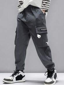 1 件青少年男孩休闲户外口袋卡通印花工装裤，春夏秋 - 灰色 - 查看 4