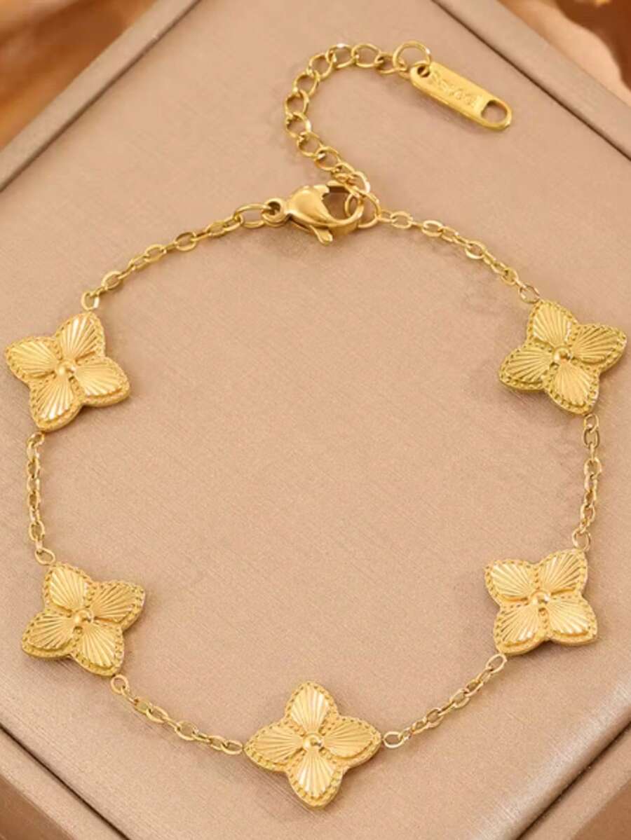 1pc Four-Leaf Clover Pendant Bracelet - Stainless Steel Material, Meaning Good Luck, Minimalist & Elegant, Can Add Pendants, Suitable For Daily Wear And Parties, All Seasons (Random Style) - Gold - View 1