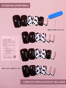 24片短方形豹纹和奶牛纹黑色法式美甲贴纸，奶牛纹设计，迷人女性风格，完美贴合假指甲套装，包含1片果冻胶和1个指甲锉，适合女性和女孩日常及各种派对场合的美甲用品。 - 彩色 - 查看 4