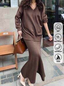 女士套装纯色 V 领长袖上衣和美人鱼裙优雅针织套装，宽松针织衫，适合通勤和街头风格 - 彩色 - 查看 1