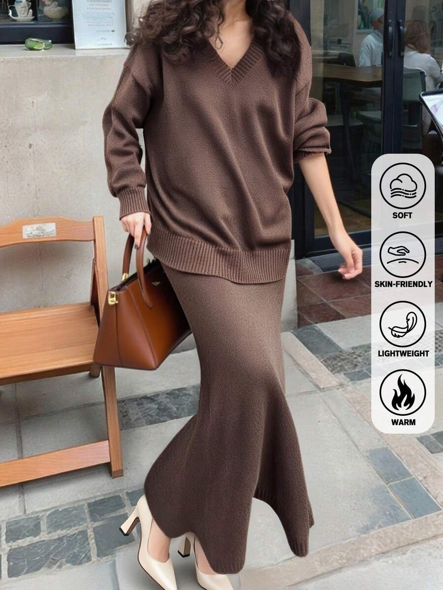 女士套装纯色 V 领长袖上衣和美人鱼裙优雅针织套装，宽松针织衫，适合通勤和街头风格 - 彩色 - 查看 1
