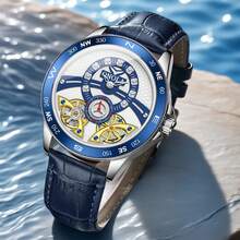 Reloj de hombre ONOLA de diseño de lujo casual con caja dorada, correa de cuero marrón, reloj mecánico de esqueleto de marca de lujo con doble rueda volante en el dial