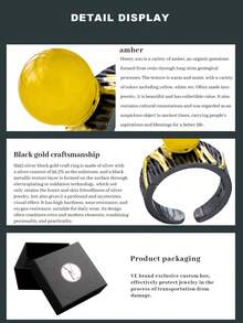 1pc High-Quality Natural Amber Ring, Honey Yellow S925 Silver Black Gold Ring, Ins Luxurious Design, Warm Honey Yellow Amber, Black Gold Retro Stylish Contrast, Delicate Adjustable Open Ring, Niche Designer Piece, Daily Accessory, Gift For Girlfriend/Best Friend. Natural Gemstone Color Varies