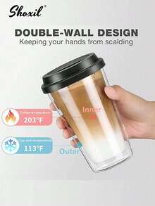 shoxil 1个350毫升双层玻璃咖啡杯，带硅胶盖，保温可重复使用，冷热饮皆宜，适合早晨饮用。