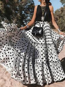 Women's Vacation - Fashionable Elegant Romantic Layered Contrast Polka Dot Skirt - White - View 3