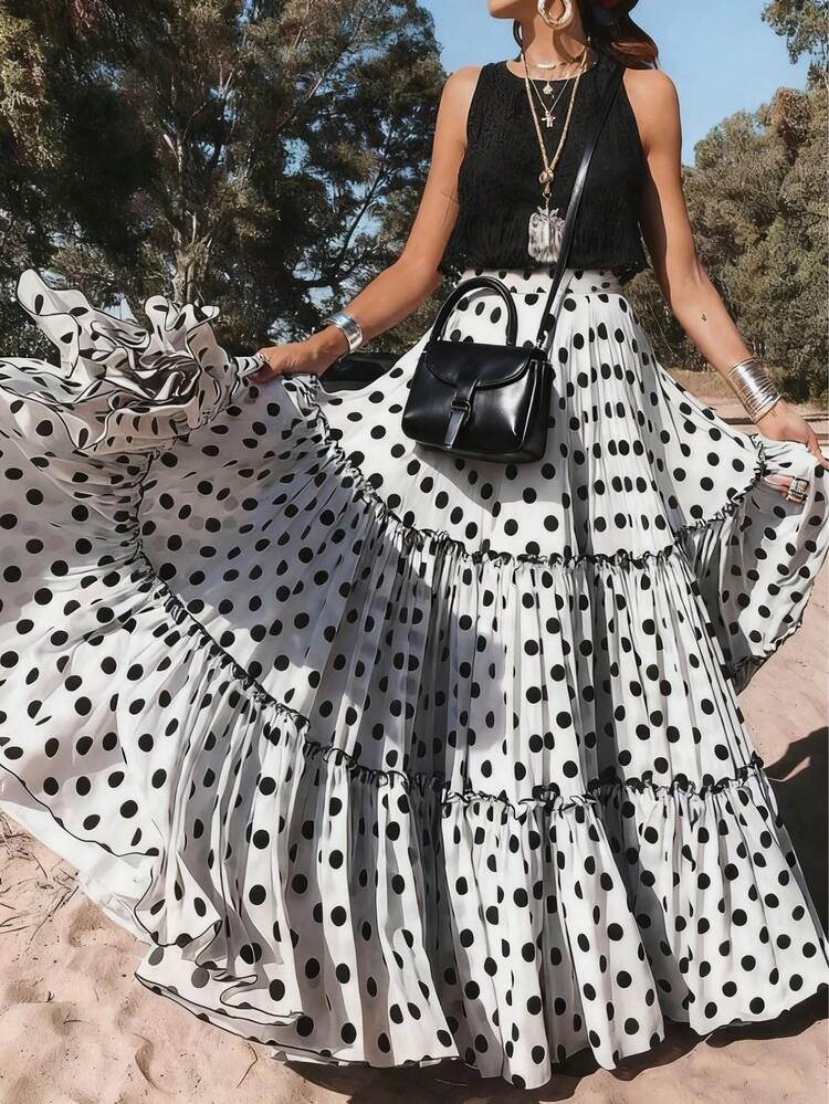 Falda elegante y romántica con contraste de lunares en capas para vacaciones de mujer - Blanco - Ver 3