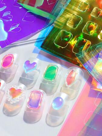 11 piezas Pegatinas de vidrio de cubitos de hielo Aurora, pegatinas de uñas holográficas iridiscentes grandes, calcomanías de arte de uñas DIY