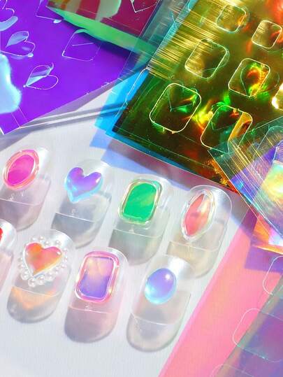 11 piezas Pegatinas de vidrio de cubitos de hielo Aurora, pegatinas de uñas holográficas iridiscentes grandes, calcomanías de arte de uñas DIY