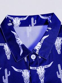 Boys' Casual Loose Breathable Short Sleeve Skull Print Vacation Shirt, Summer - Royal Blue - View 3