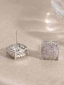 Minimalist Square Inlaid Synthetic White Cubic Zirconia Stud Earrings, Suitable For Wearing At Parties And Gatherings, An Excellent Gift For Family And Friends - Silver - View 4