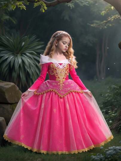 Long Sleeve Princess Dress For Young Girls, Suitable For School, Stage, Party, Gathering, Vacation, Does Not Include Headband