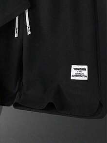 Men's Summer Solid Color Round Neck Short Sleeve Casual T-Shirt And Letter Print Drawstring Waist Shorts Set, Cozy Outfits - Black - View 4