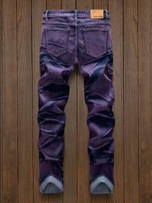 Y2K Jeans Men's Color Block Denim Pants, Gradient Multi-Pocket Jeans,  Two-Tone Washed Street Style Versatile Jeans, Mid-Rise Stretch Slim Fit Classic Five-Pocket Design, All-Season Wear, Elastic Fabric Suitable For Machine Wash - 紫色 - 查看 2