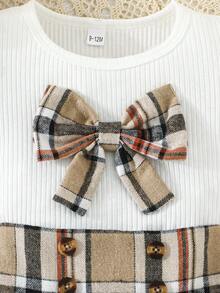 2pcs/Set Summer Baby Girls Casual Cute Knit T-Shirt With Plaid Bow Matched Plaid Skirt Outfit - Multicolor - View 4