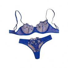 Lencería para Mujer de 2 Piezas - Transparente de Malla con Aplicaciones Florales y Aro - Azul - Ver 2