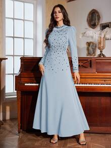 女士纯色浅蓝色优雅撞色珍珠装饰伞裙摆修身长连衣裙，配立领和精美串珠装饰 - 淺藍色 - 查看 8