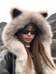1pc Stylish Faux Fur Fox Ear Neck Warmer Hat, Women Winter Warm Windproof Trapper Hat, Ski Cap - 灰色圍巾- - 查看 1