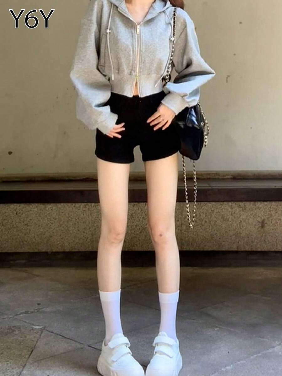 [Y6Y] 女士长袖连帽针织短外套，翻领全拉链设计，常规长度。时尚舒适的浅灰色外套，适合休闲穿着。 - 灰色 - 查看 1