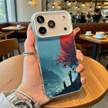 Funda de Teléfono Diseño de Paisaje de Árbol Azul y Rojo para iPhone 14 13 12 11 Pro Max y  Galaxy S23 S22 S21 Plus Opción de Regalo Ideal para Todas las Estaciones - Negro - Ver 1