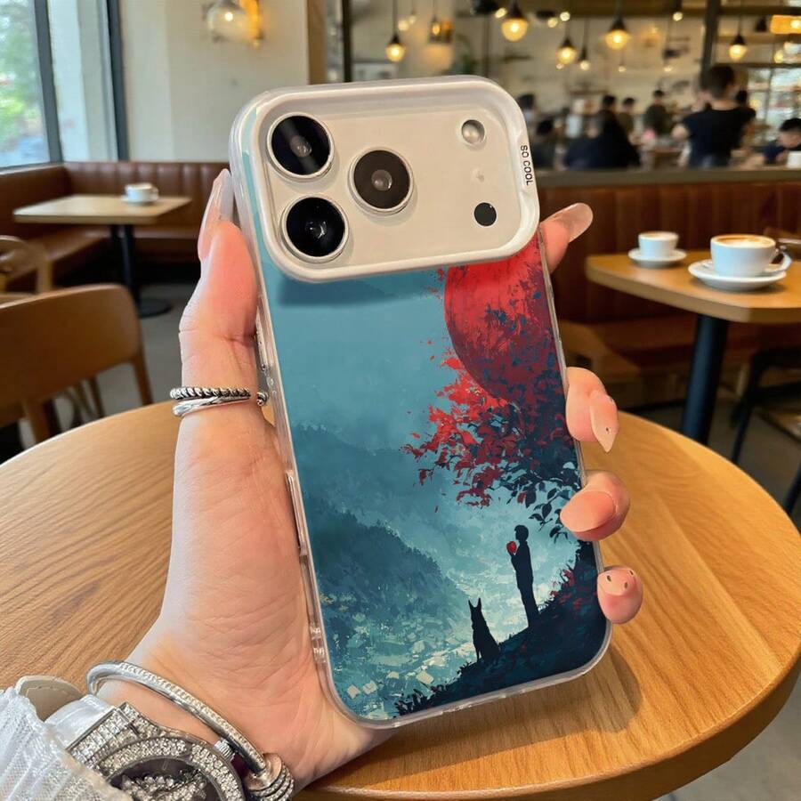 Funda de Teléfono Diseño de Paisaje de Árbol Azul y Rojo para iPhone 14 13 12 11 Pro Max y Galaxy S23 S22 S21 Plus Opción de Regalo Ideal para Todas las Estaciones - Negro - Ver 1