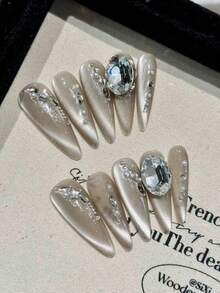 10 Piece Set Of Long Water Droplets With Ice Penetrating Cat Eyes, Paired With Three-Dimensional Oval Diamonds And Pearls, Exuding A Luxurious And White Look. Suitable For Ladies And Ladies To Attend Parties, Dances, Daily Dates, And Can Be Given As Gifts To Friends. Reusable, Handmade, Wearable, Nail Pressing - Multicolor - View 10