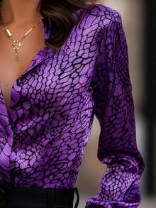 Classic Snake Skin Print Satin Sexy Alluring Shirt, Niche Design Versatile Slim Fit - Violet Purple - View 4