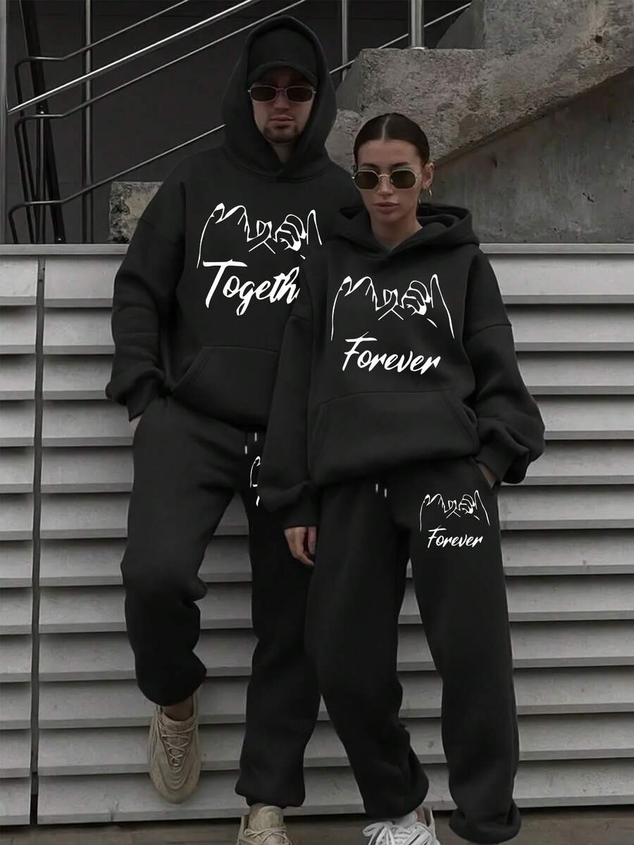 (2PC) Couple's Set Of Fashionable And Casual Printed Hoodies And Sweatpants For Both Men And Women, Autumn And Winter Men's Sportswear, Fashionable And Sportswear Printed, Suitable For Casual Outdoor Sports And Holiday Gift Giving.I'M HER BEAST/I'M HIS BEAUTY - Đen-2 - Xem 1