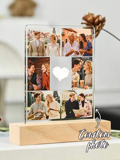 1pc Custom Couple Collage Photo Led Night Light, Personalized Acrylic Night Light With Photo & Text, Custom Photo Lamp, Personalized Photo Collage LED Light, Couple Picture Frame, Personalized Photo Collage Gift For Mother's Day, For Birthdays, For Children's Day, For Father's Day, For Graduation, For Weddings, For Housewarming Living Room, Bedroom, Office, Tea Room, Home, Bathroom, Dining Room, Valentine Day, Valentine Day Decor