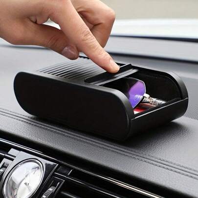 1pc Black ABS Plastic Car Interior Storage Box With Lid, Dashboard Coin Box, Auto Accessories