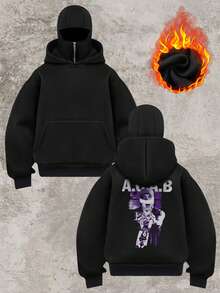 Winter Christmas Women's Tops, Women's Jackets, Women's Upper Clothing, Autumn Back-To-School Double-Hooded Sweatshirt, Women's Fashion Street-Style Hooded Sweatshirt With Kidnapper Kitten ABC Print, Kidnapper Kitten ABC Pattern Print, Printed Barak-Style Sweatshirt - Black - View 3