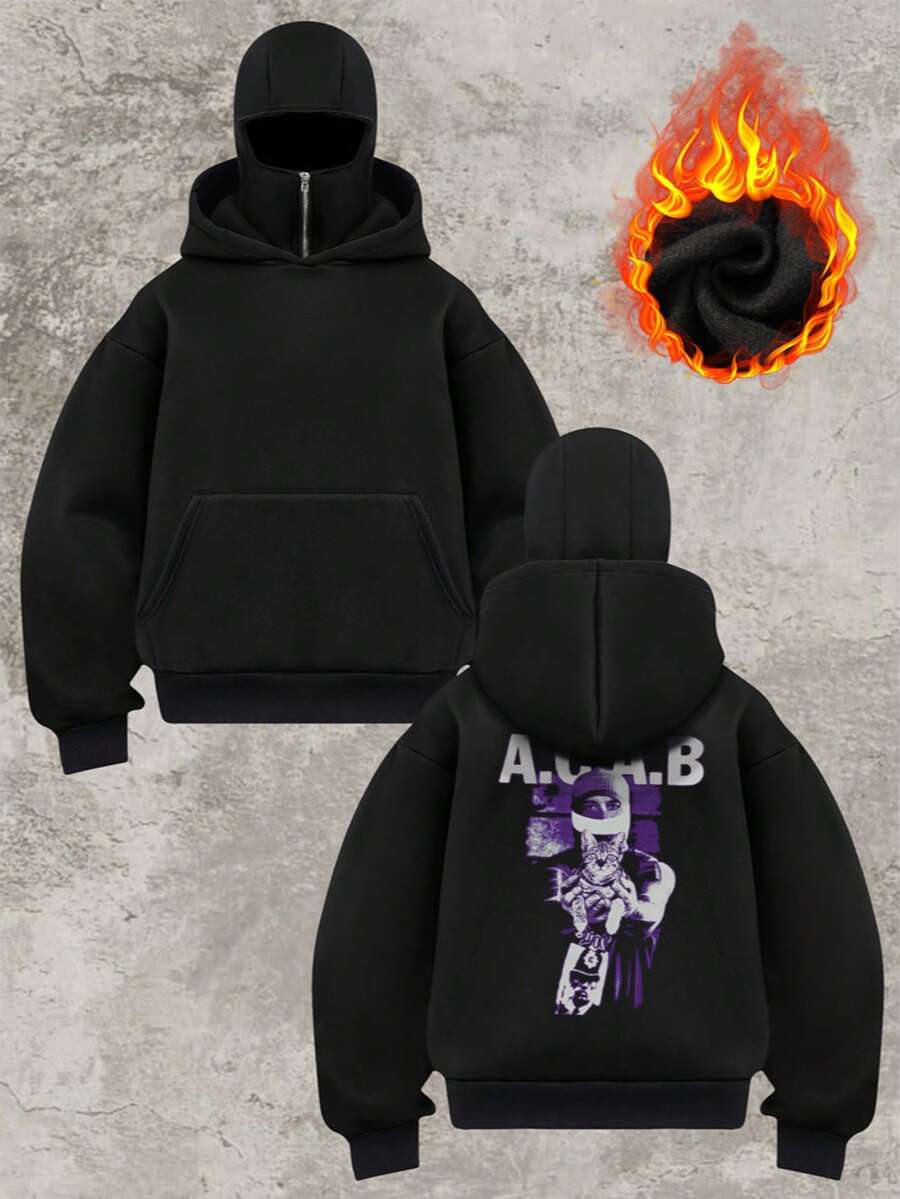 冬季圣诞女式上衣、女式外套、女式上衣、秋季返校双连帽卫衣、女式时尚街头风连帽卫衣（带绑架小猫ABC印花）、绑架小猫ABC图案印花、印花风格卫衣 - 黑色 - 查看 1
