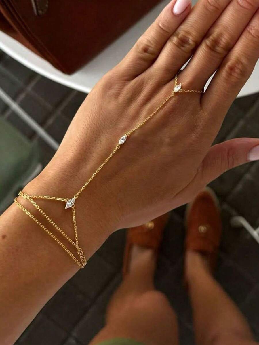 1 pieza Cadena de dedo multicapa con rhinestones, cadena de mano de moda para mujer para uso diario y fiestas, accesorio minimalista y único - Dorado - Ver 1