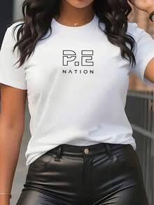 Unisex Women's Loose Casual T-Shirt With PE Nation Letter Print - Breathable Round Neck Short Sleeve Top, Comfortable For All Seasons, Machine Washable, Multiple Colors And Sizes Available, Suitable For Fitness, Travel, Casual Outfits - Sporty Elegant Style (PE Nation Design) - Lightweight And Versatile, Layerable, Fashionable Letter Print, Loose Fit, Suitable For All Seasons, Perfect For Casual Outings And Other Occasions, Women's T-Shirt, Women's T-Shirt, Women's T-Shirt, Women's T-Shirt, Women's T-Shirt - Màu Khaki - Xem 6
