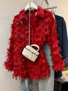 女士时尚圣诞红色流苏长袖衬衫，优雅半透明上衣，适合所有季节，可搭配各种正式和休闲场合，圣诞节上衣，春节上衣，春假上衣 - 紅色 - 查看 7