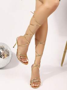 优雅金色高跟法式露趾凉鞋，仙女鞋，新款夏季小众连衣裙搭配罗马凉鞋 - 金色 - 查看 3