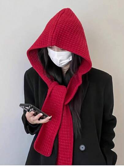 1件女士连帽围巾拉法帽，适合冬季穿着，保暖针织披肩，长款带帽针织围巾，适合日常时尚搭配，可作为礼物送给家人和朋友。