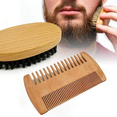 Hot SalesSoft Boar Bristle Wood Beard Brush Hairdresser Shaving Tool Men's Mustache Comb Kit With Bag Beard Hair Comb Set