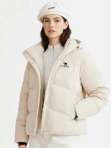 CAMEL CROWN Chaqueta acolchada con capucha corta para mujer, chaqueta acolchada de longitud media, chaqueta de invierno gruesa y cálida para senderismo - Gris avellana - Ver 2