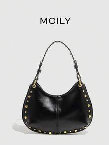 Punk Street Style Rivet Adjustable Shoulder Crossbody Saddle Bag For Women , Punk - Black - View 6