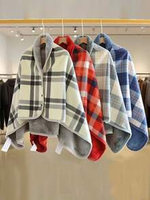 1条双层加厚多功能抓绒格子披肩毯，适合秋冬季居家办公使用，日韩风懒人毯，公司午睡毯，加厚产后披肩，保暖围裙，盖毯，母亲节礼物 - 查看 1
