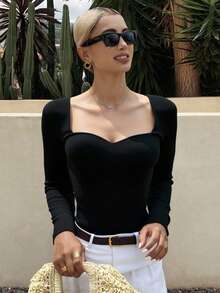 Livesso Women's Sweetheart Neck Long Sleeve Casual Solid T-Shirt, Spring/Summer,Fall Women Clothes - Black - View 3