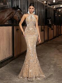 Đầm dạ hội lấp lánh, gợi cảm đính cườm, đầm cocktail dạ hội đính sequin, đầm maxi đuôi cá không tay hở lưng dành cho nữ. - Rượu sâm banh - Xem 3