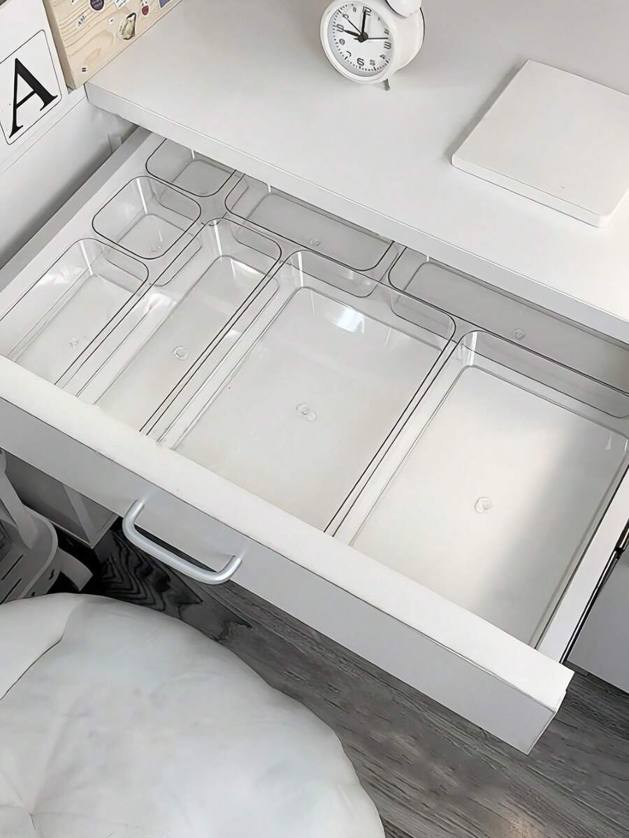 8pcs Transparent Acrylic Makeup Organizer Box With Drawers, Dividers And Compartments, Desktop Office Stationery Storage Box, Home Desk And Drawer Organizer