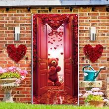 1pc Red Teddy Bear & Rose Garland Door Banner (35.4 Inch * 70.8 Inch/90cm * 180cm), Polyester Door Decor, Room Decoration, Party Hanging Banner, Holiday Decor, Party Supplies, Indoor Decoration