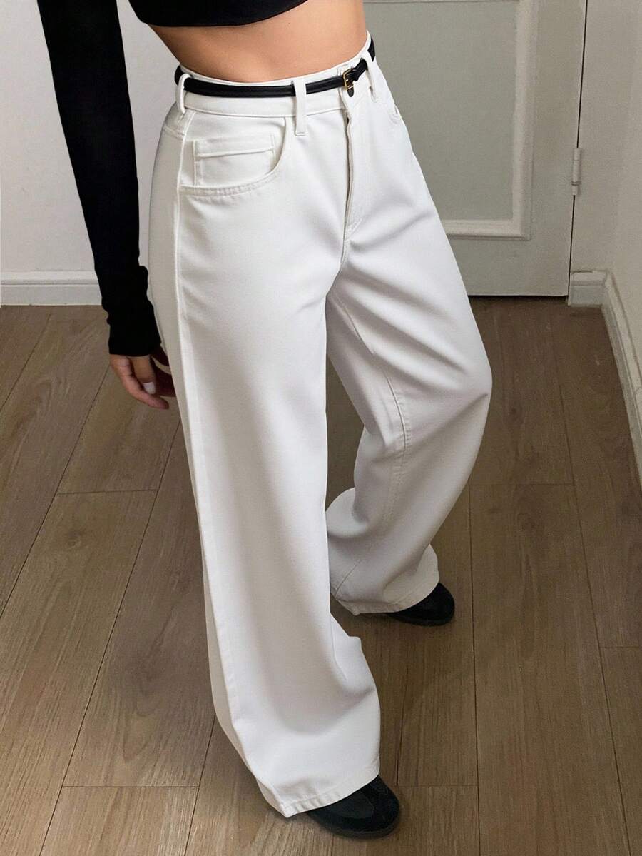 Livesso Vintage Washed Destroyed Bootcut Loose Fit Long Jeans,Back To School Clothes - White - View 1