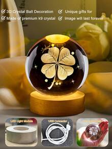 1pc 精美水晶球小夜灯 3D水晶球小夜灯暖光开关LED空间装饰 带LED底座的水晶球球体装饰灯 星系团'土星月亮'太阳系银河系 兔子看月亮 水母 星空漫步 四叶草或独角兽水晶球桌面照明 家居 卧室装饰灯 卧室摆件 创意情人节 礼物 送给男孩女孩的礼物